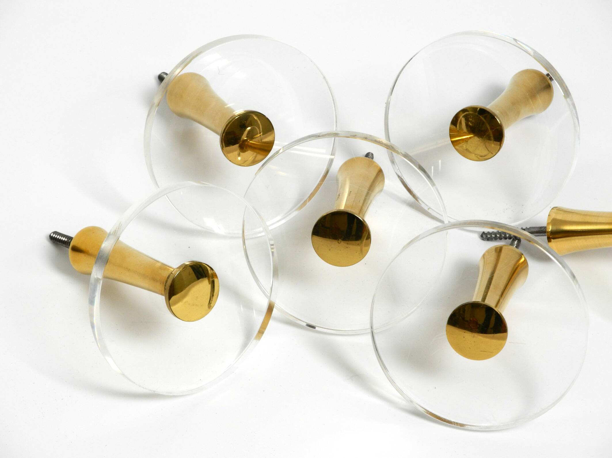 70s set of 6 coat hooks made of brass and plexiglass Vereinigte Werkstätten