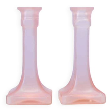 Set of 2 pink glass candlesticks