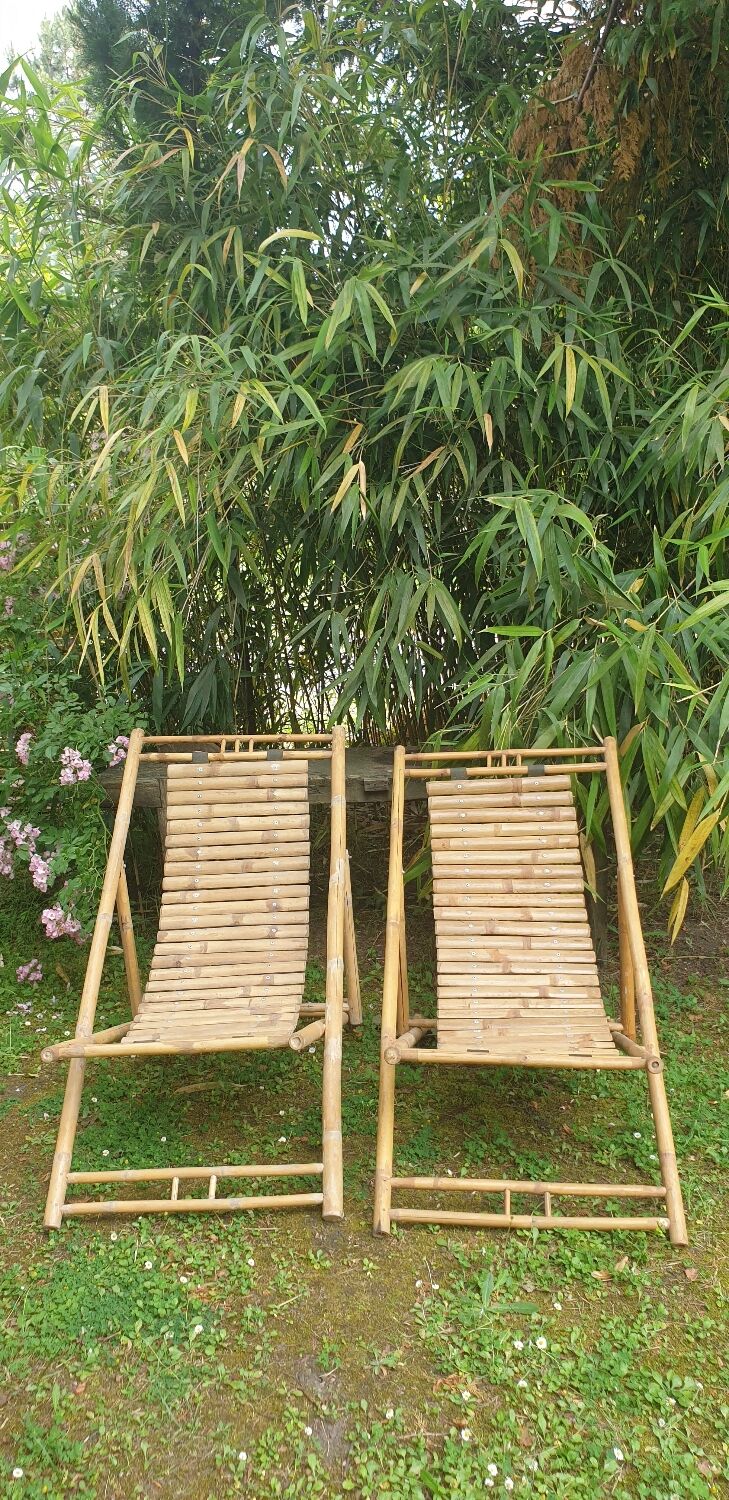 Paire de chaises longues en bambou, transats