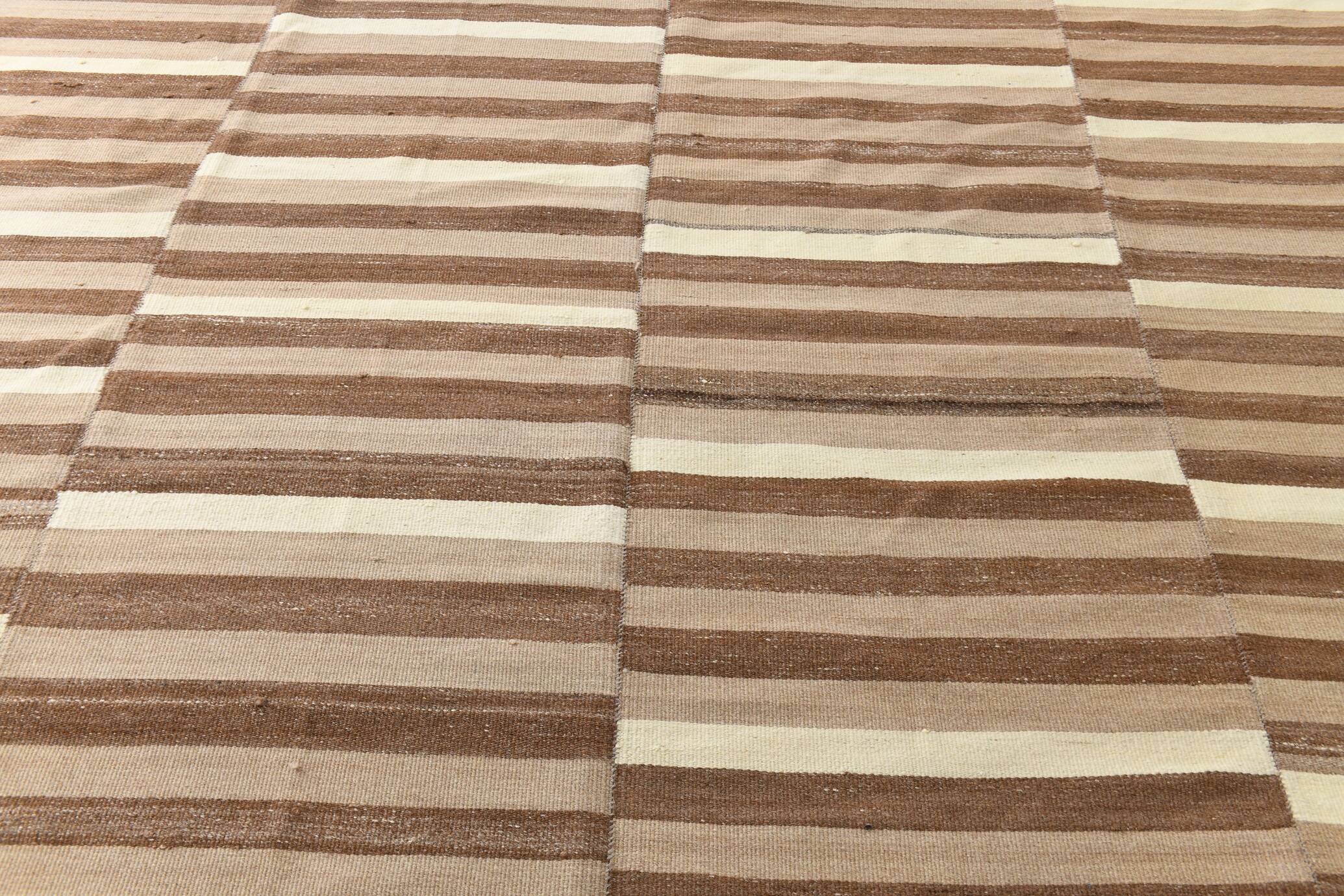 Dark Brown & Beige Striped Pattern Turkish Kilim Rug, 311x394Cm