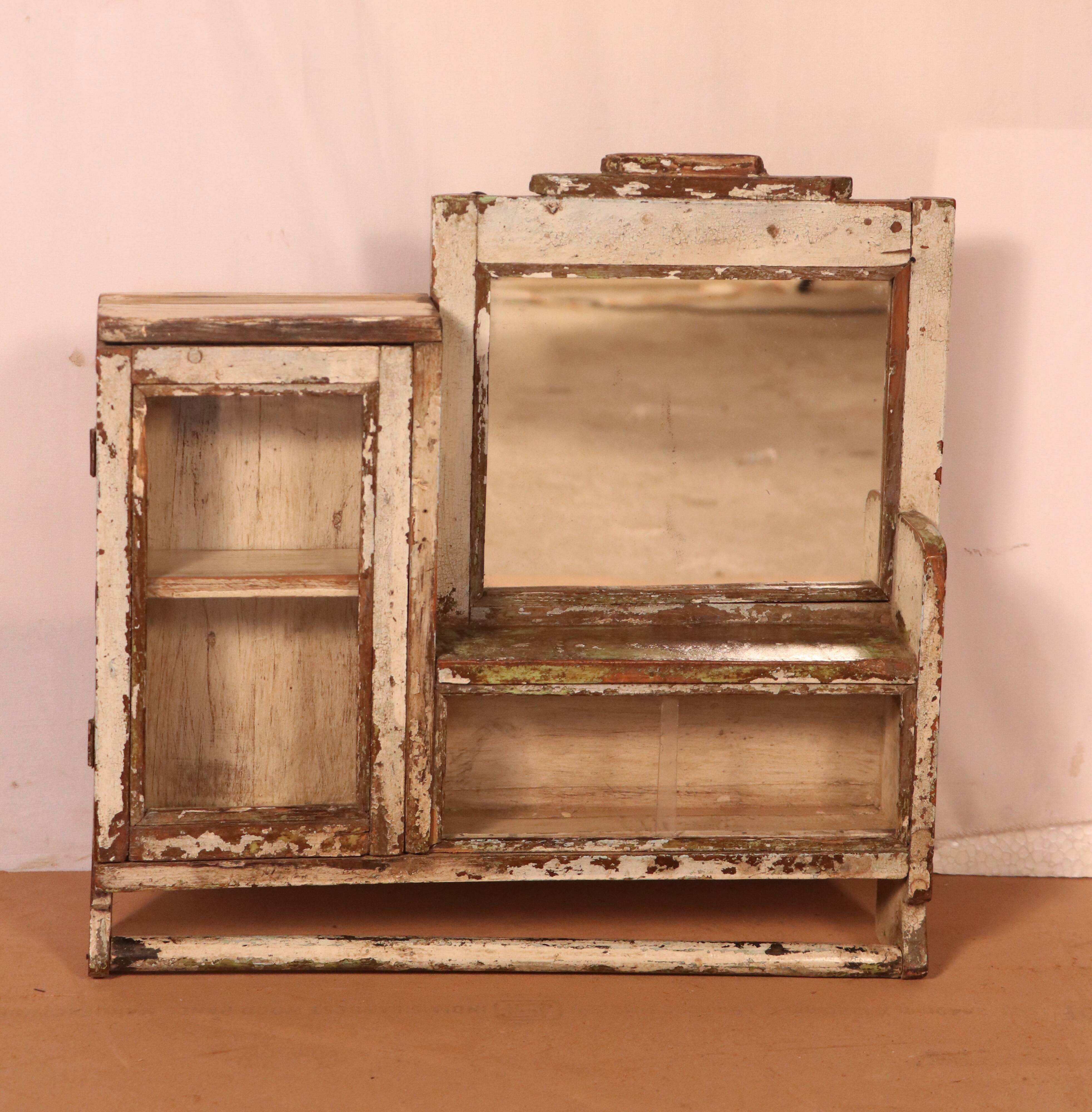 Old mirror - art deco shelf in original burmese teak ecru patina