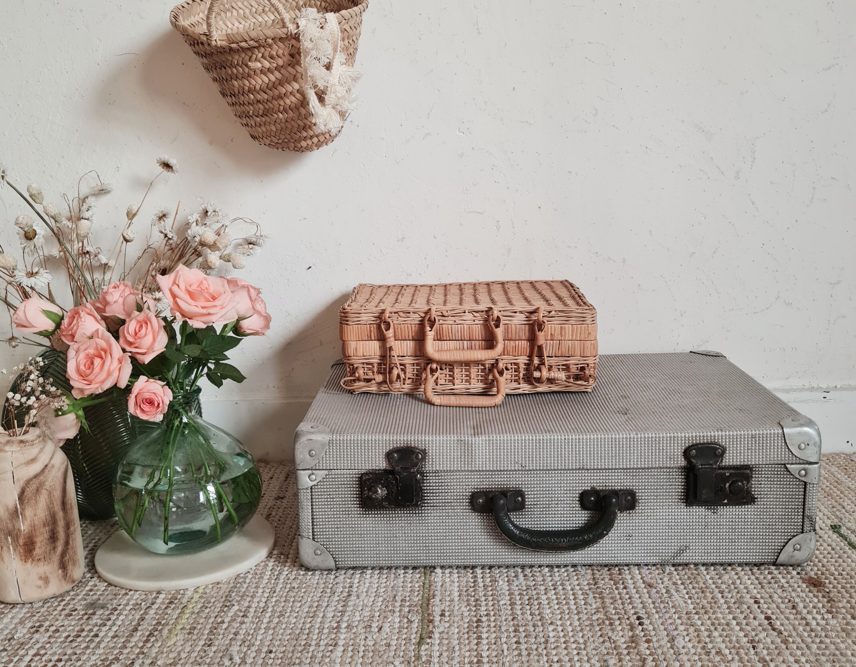 Old metal suitcase green leather handle