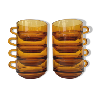 8 cup Duralex amber-coloured coffee cup set