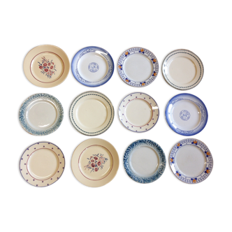 12 old earthenware mismatched plates
