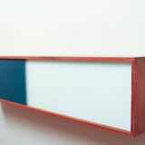 Vintage mid-century wall hung oak cabinets, blue & white sliding glass door