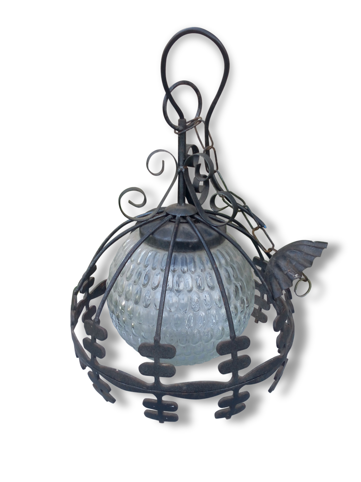 Industrial glass and wrought iron lamp