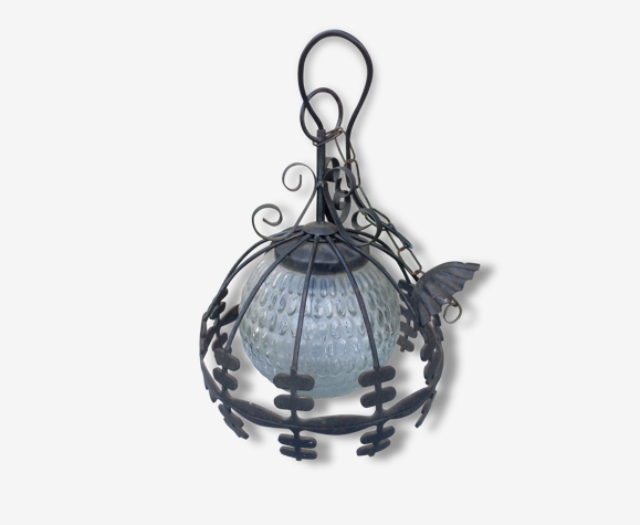 Lampe industrielle en verre et fer forgé