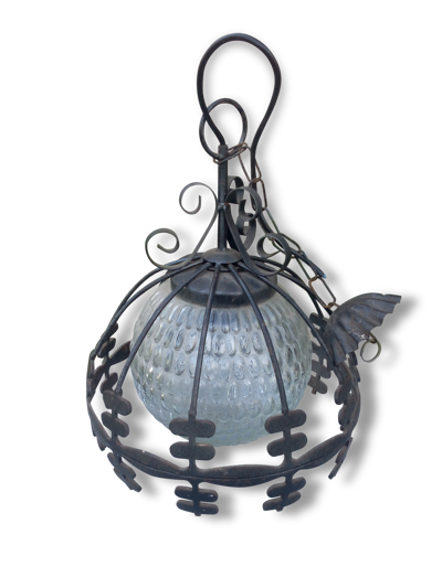 Lampe industrielle en verre et fer forgé