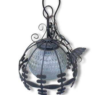 Lampe industrielle en verre et fer forgé