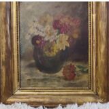 Oil on cardboard signed "Still life with bouquet of flowers" gilded wooden frame