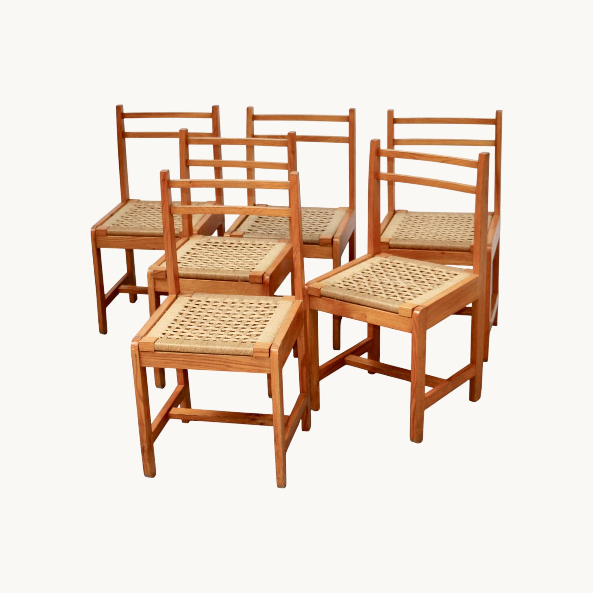 6 light wood chairs with rush seats, Italy, 1960s