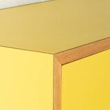 Classic sideboard from the 1960s, oak veneer, yellow Resopal, white steel feet