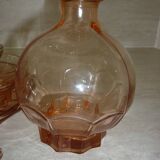 Service à liqueur art déco en verre transparent rose avec bouchon