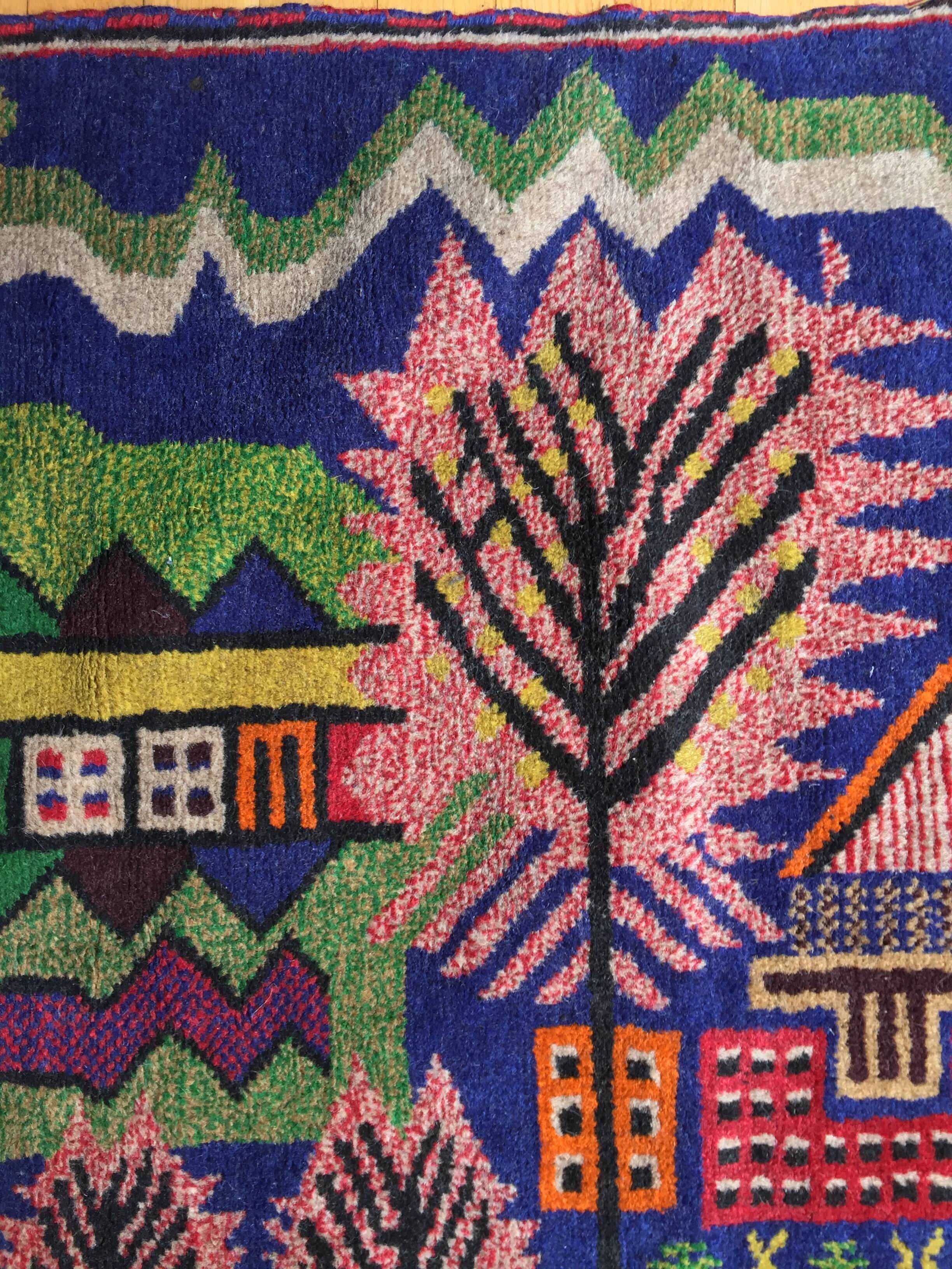 Afghan carpet 80s MOTIF VILLAGE IN PRINTEMPS 85x148cm