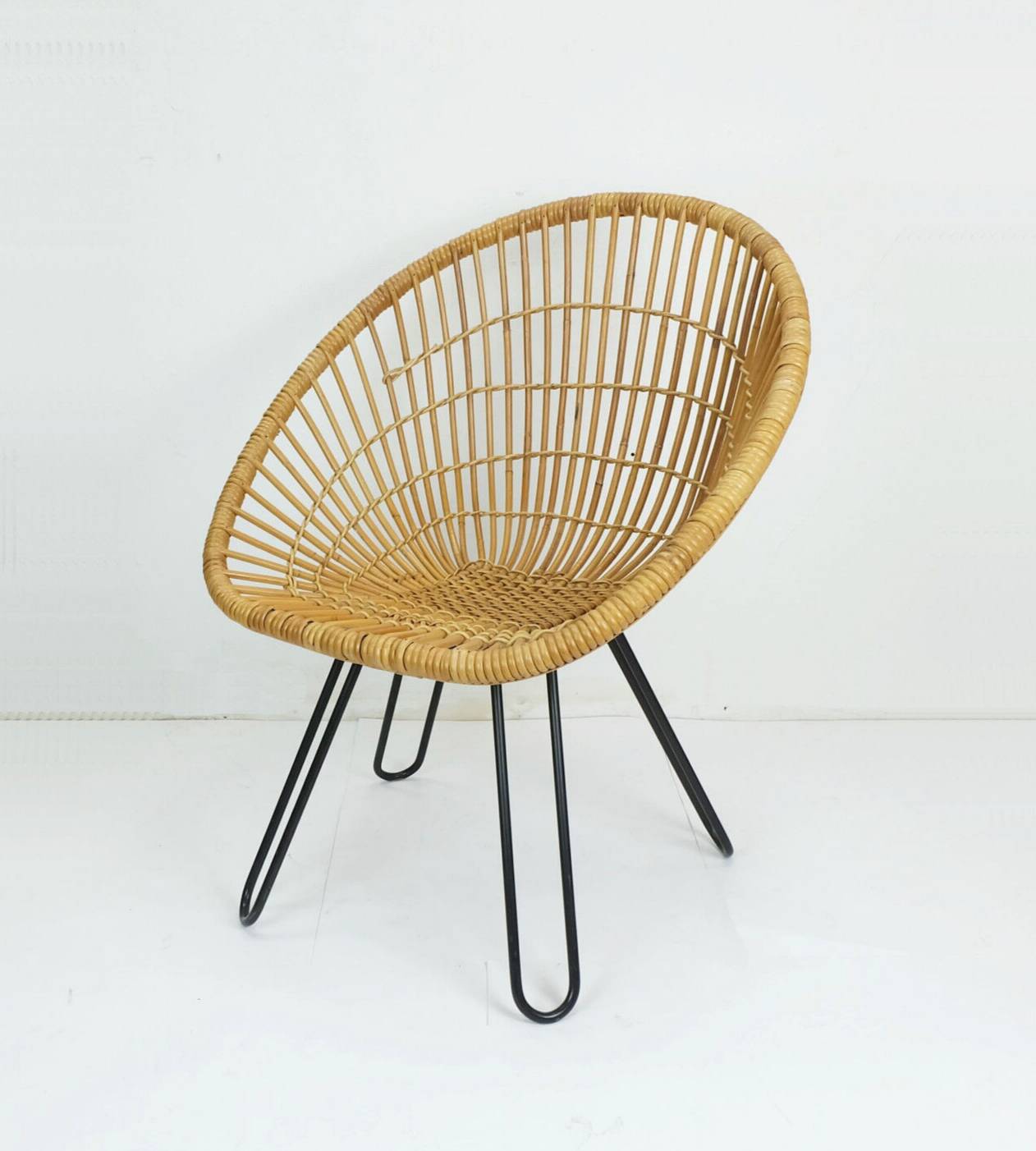 1960s mid century armchair bamboo wicker with hairpin legs