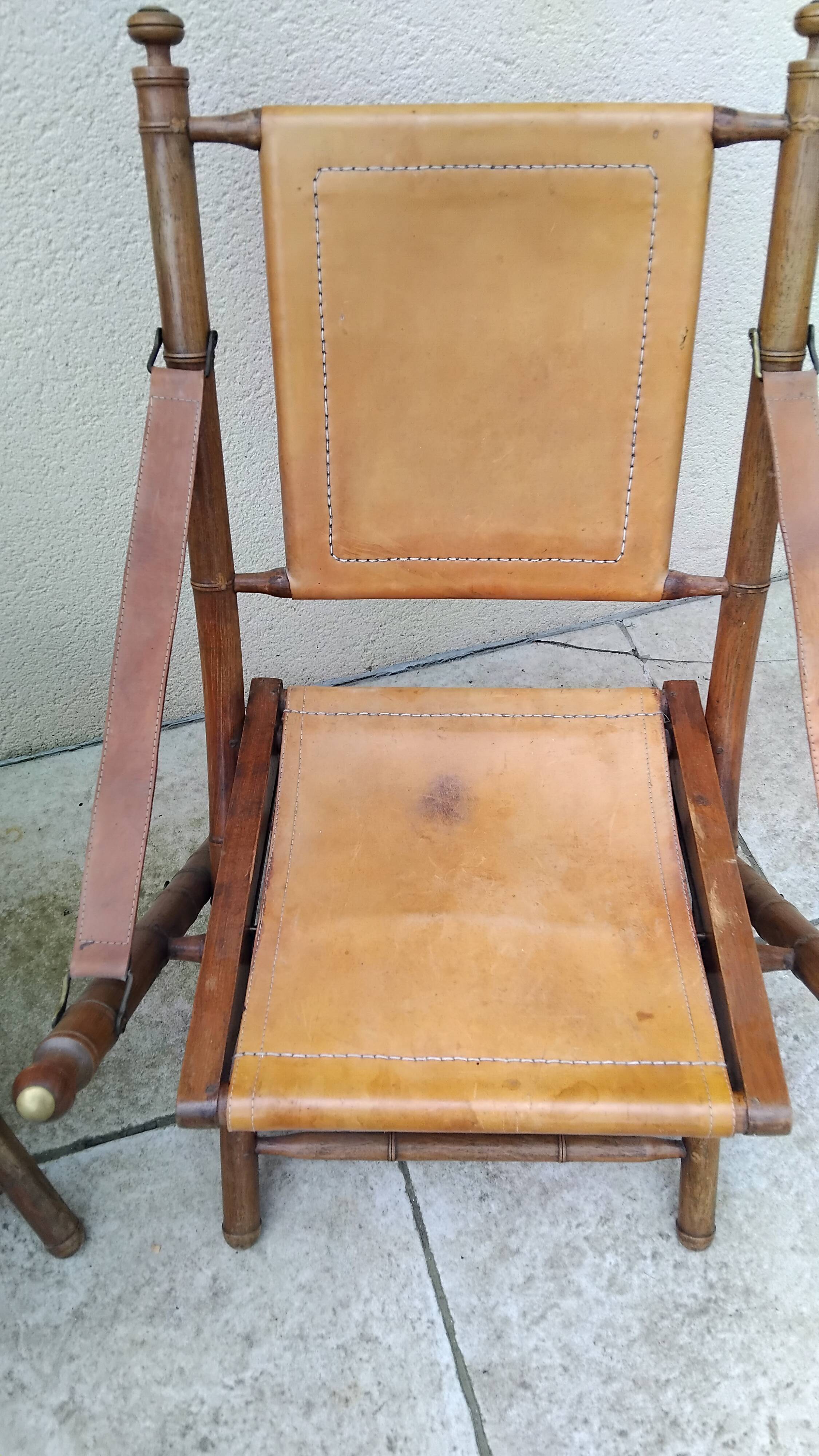 Vintage leather and wood folding chair SAFARI pair