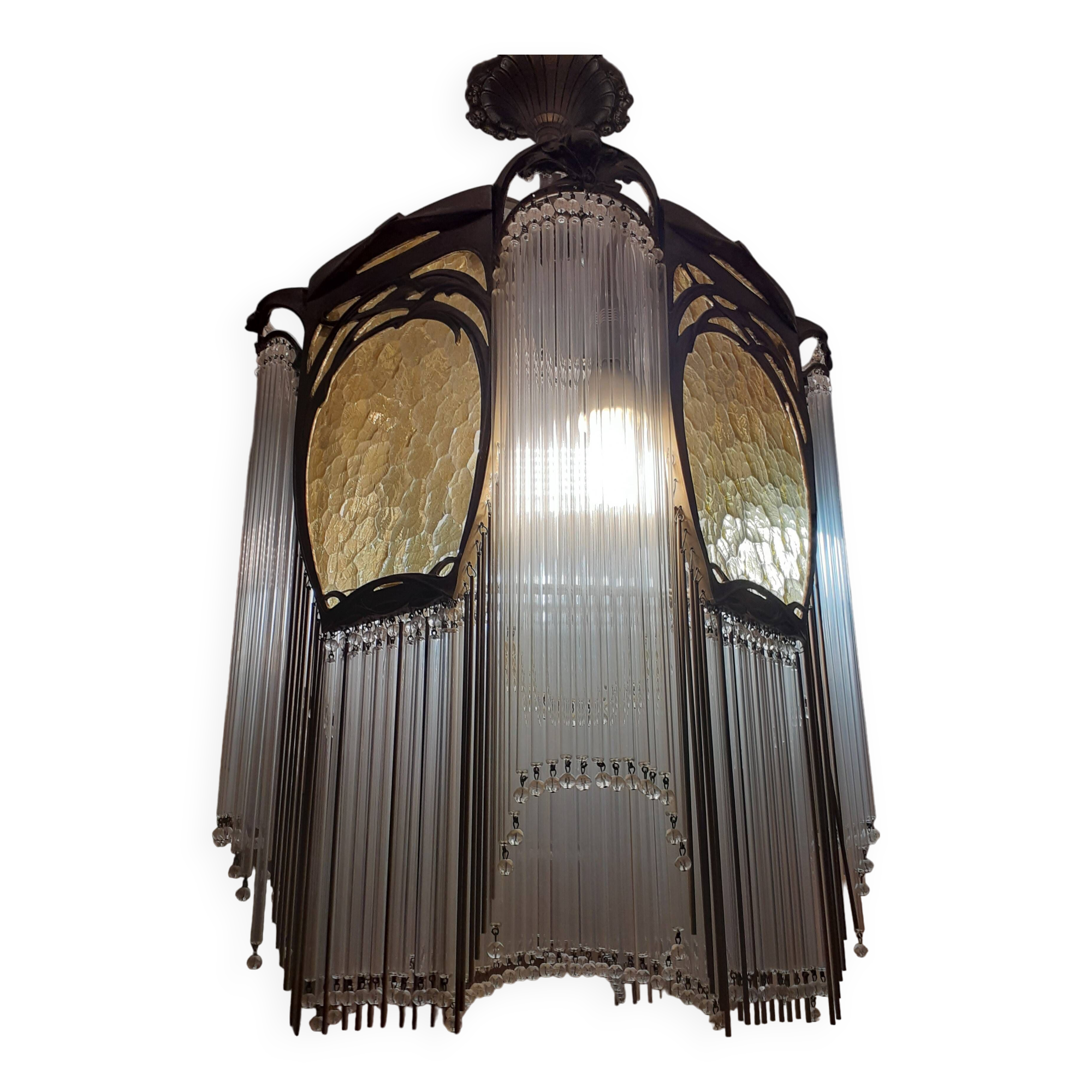 Art Nouveau Guimard style chandelier in nickel-plated bronze
