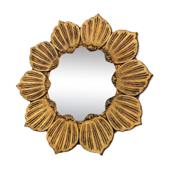 Hollywood Regency Giltwood Carved Flower Sunburst Mirror 1950s