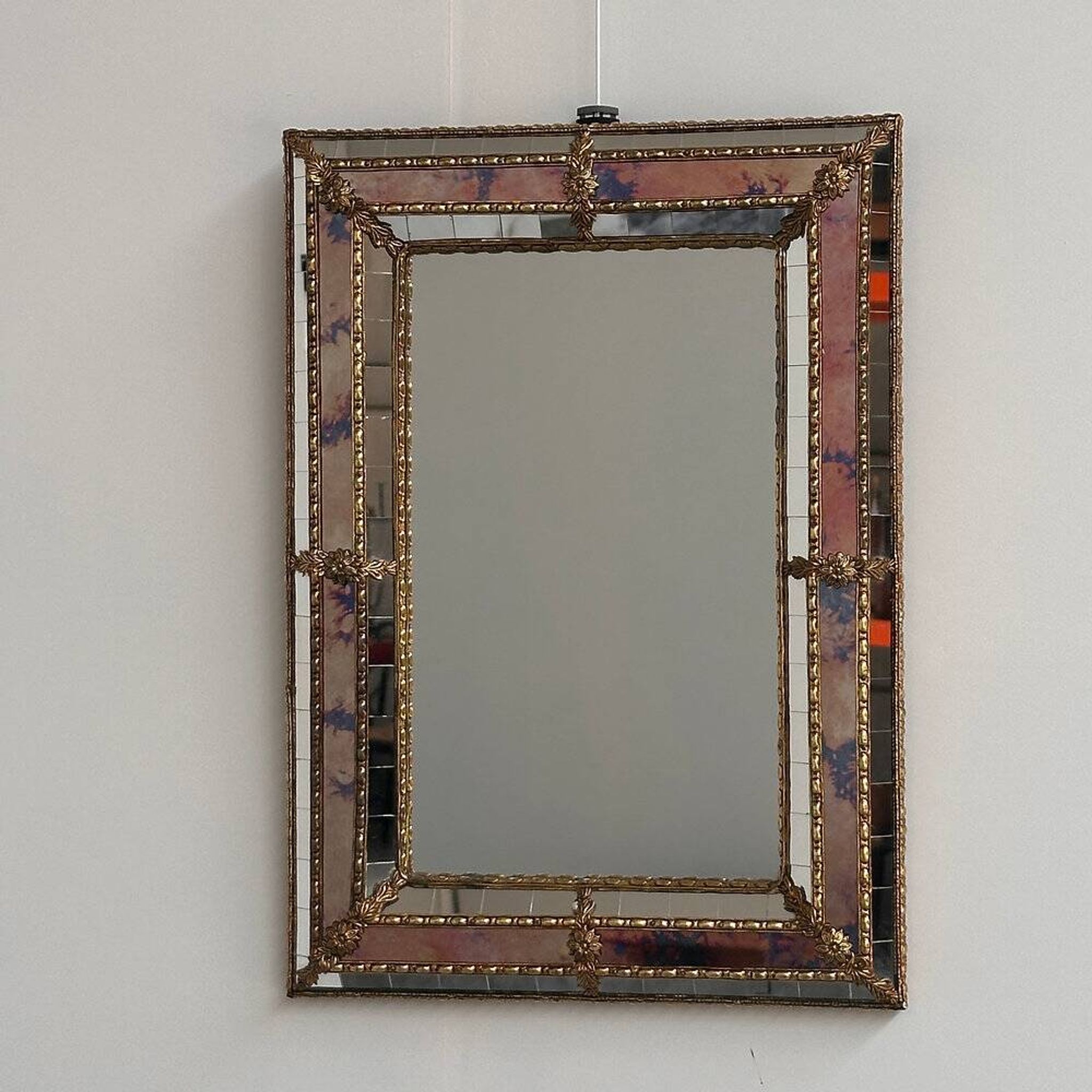 Small Spanish brass & mosaic mirror with stained pink glass, 1980s