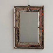 Small Spanish brass & mosaic mirror with stained pink glass, 1980s