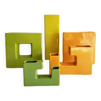 Suite of 4 Space Age ceramic vases and soliflores. France, 1970s