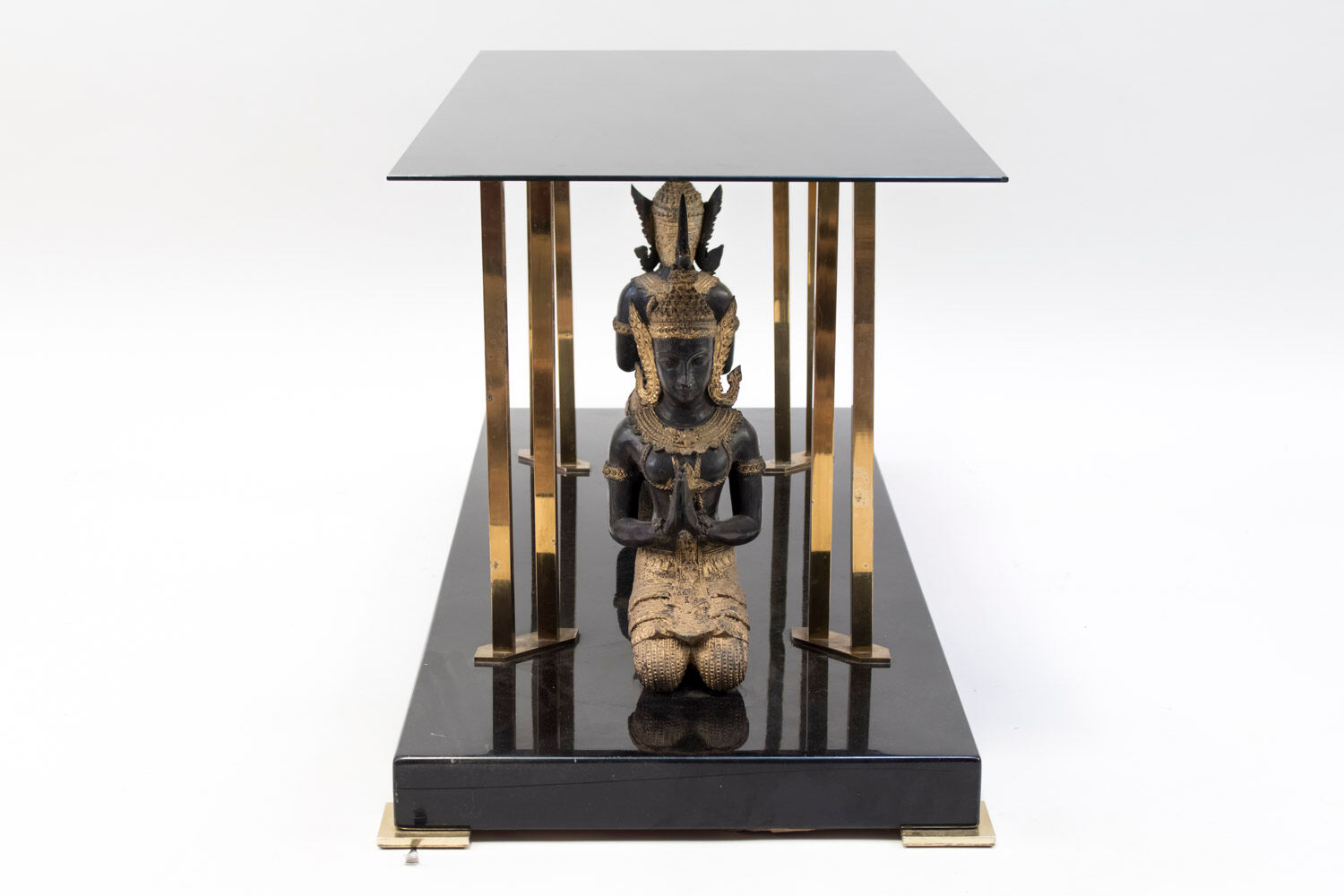 Coffee table in black hairspray, glass and gilded brass, 1970s