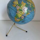 Vintage 1960 golden terrestrial globe by Taride, tripod world map - 28 cm