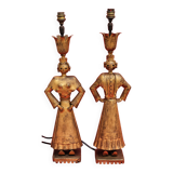 Pair of gilded beaten iron sculpture lamps attributed to Gilbert Poillerat