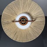 Large Mid-Century Teak and Sisal Cord Hanging Pendant by Temde Leuchten,60s