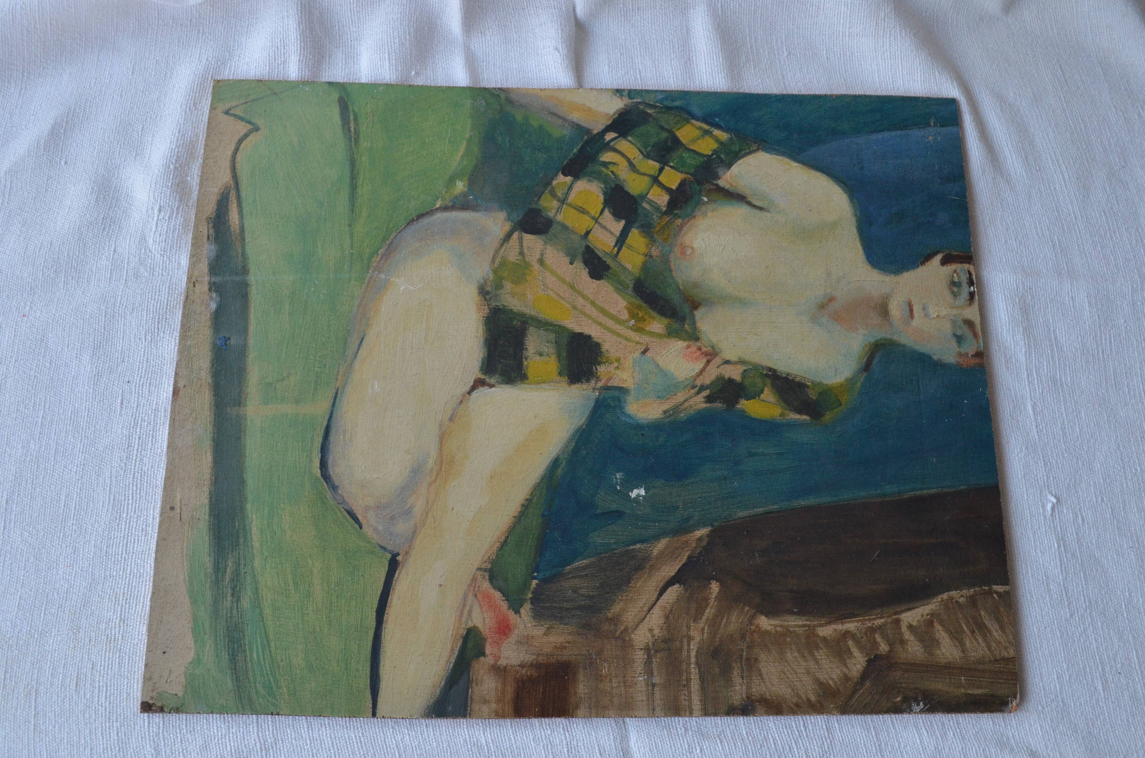Huile sur bois portrait jeune femme 1948