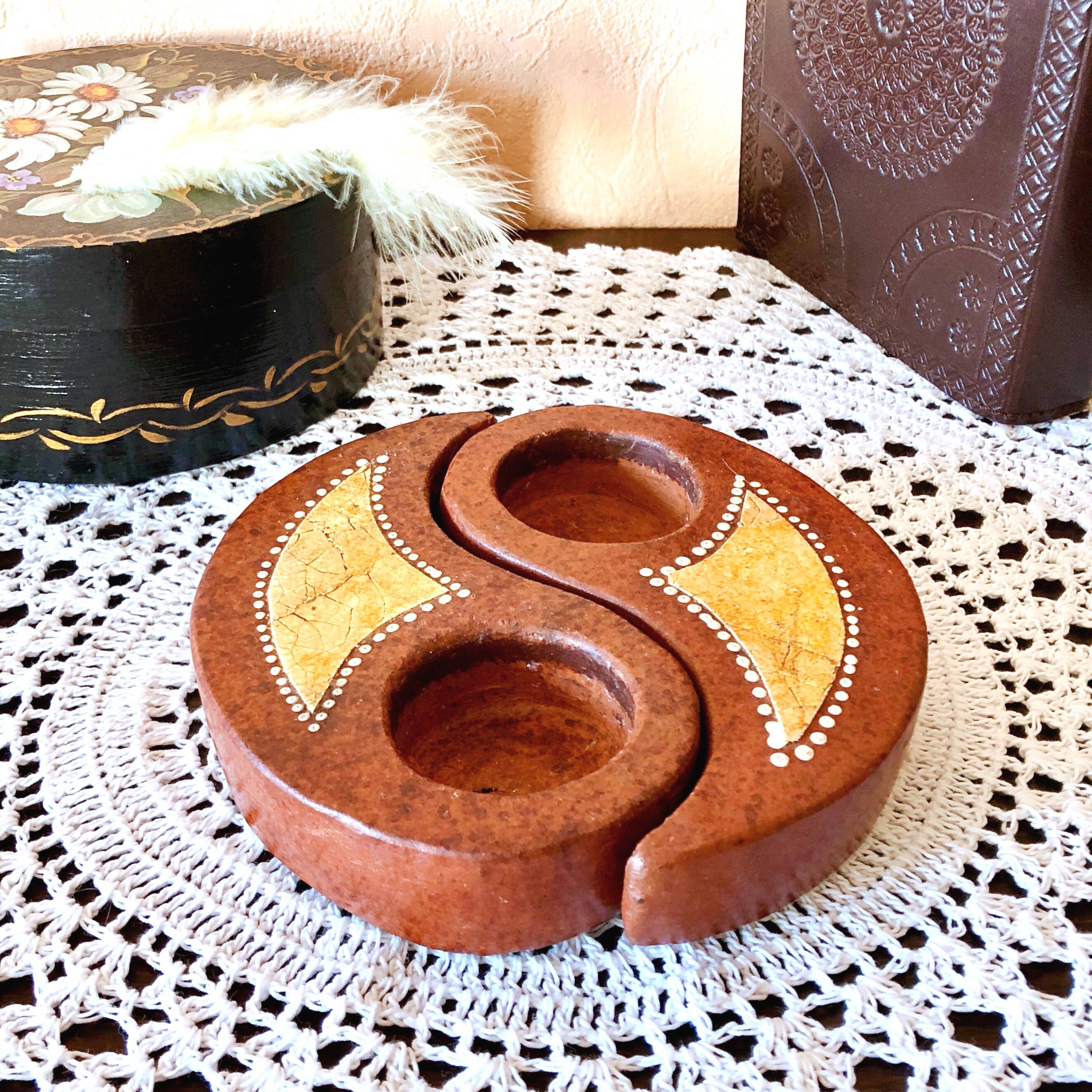 Double tealight candle holder YIN -YANG terracotta handmade decor Indonesia