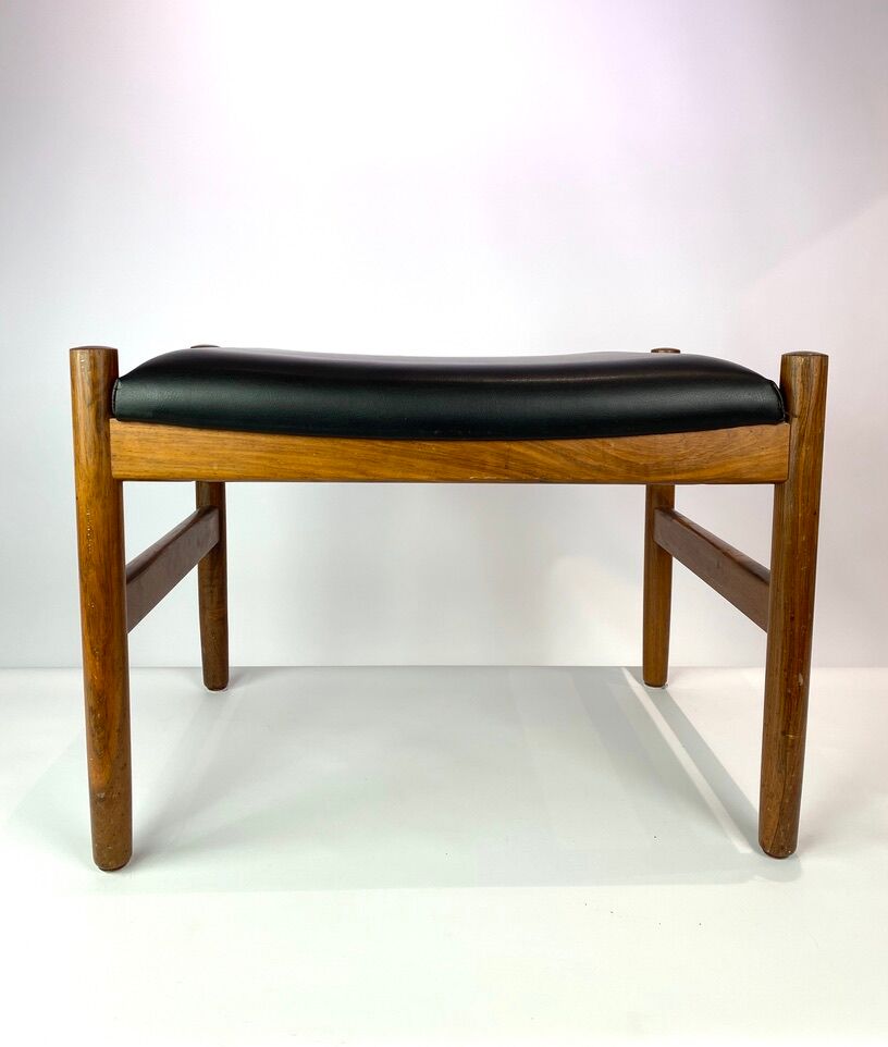 Tabouret en cuir noir et palissandre, de design danois fabriqué par Spøstrup Furniture, années 1960