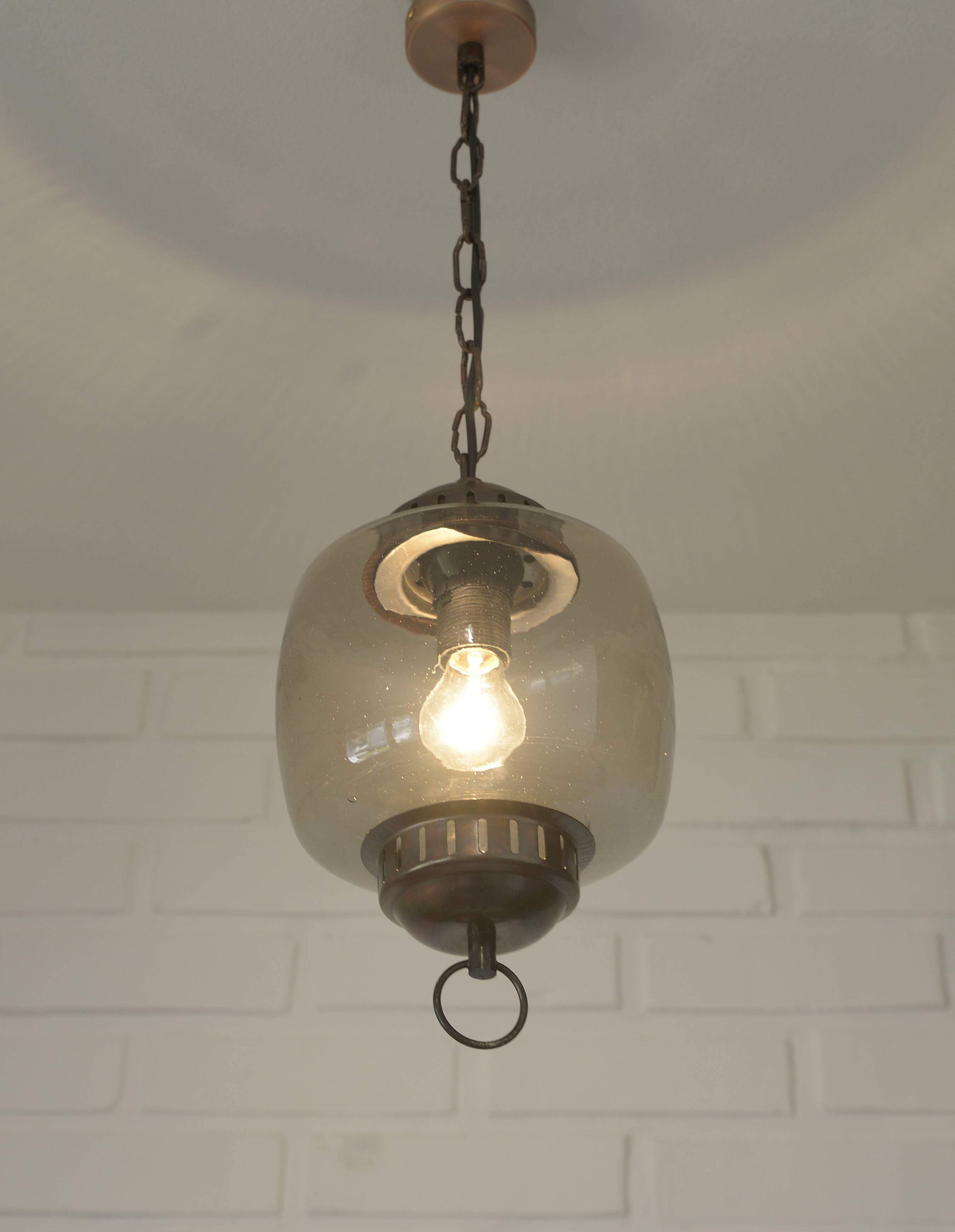 Vintage Copper Pendant Light Amber Glass Mid Century Modern Ceiling Lanter