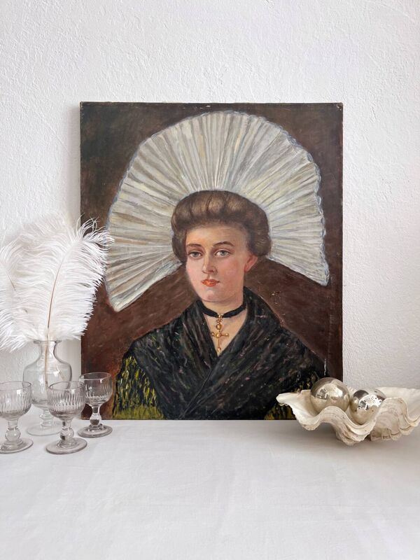 Peinture ancienne huile sur toile portrait de femme en costume traditionnel