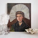 Old oil painting on canvas portrait of a woman in traditional costume