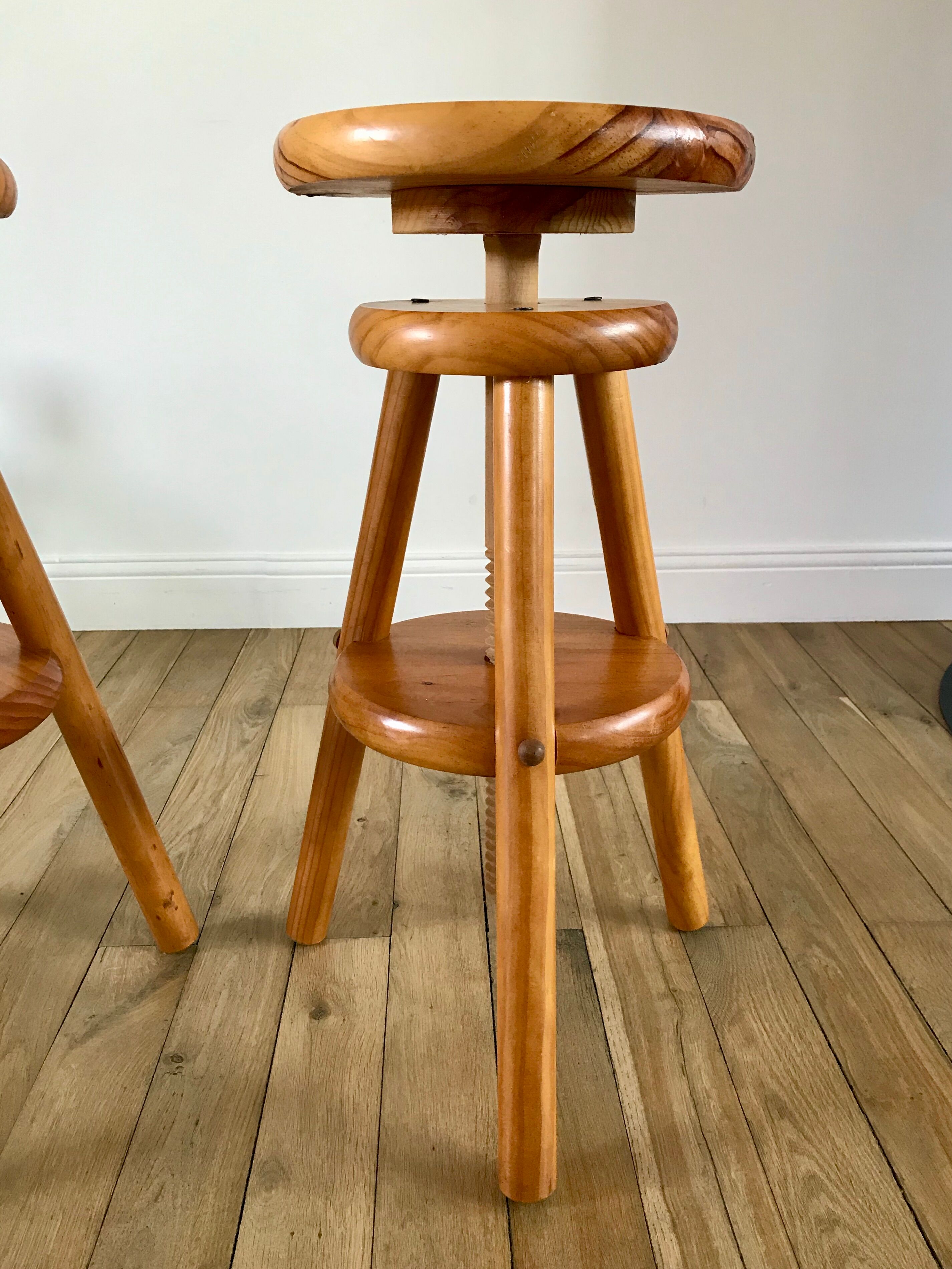 pair of adjustable architect stools pine style 60s