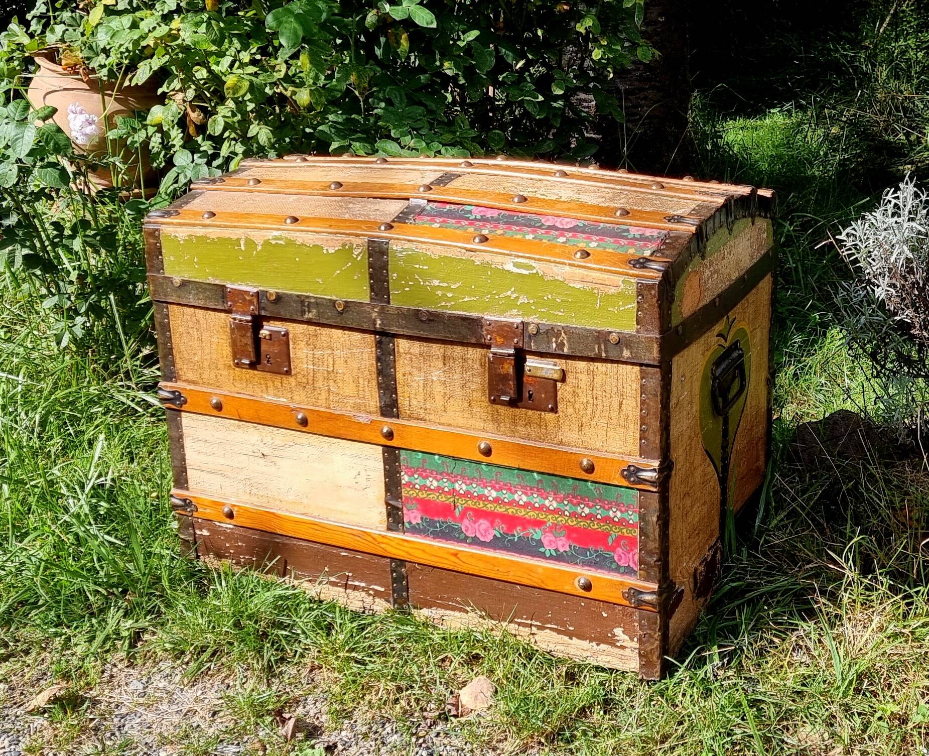 Wooden trunk vintage patchwork decor