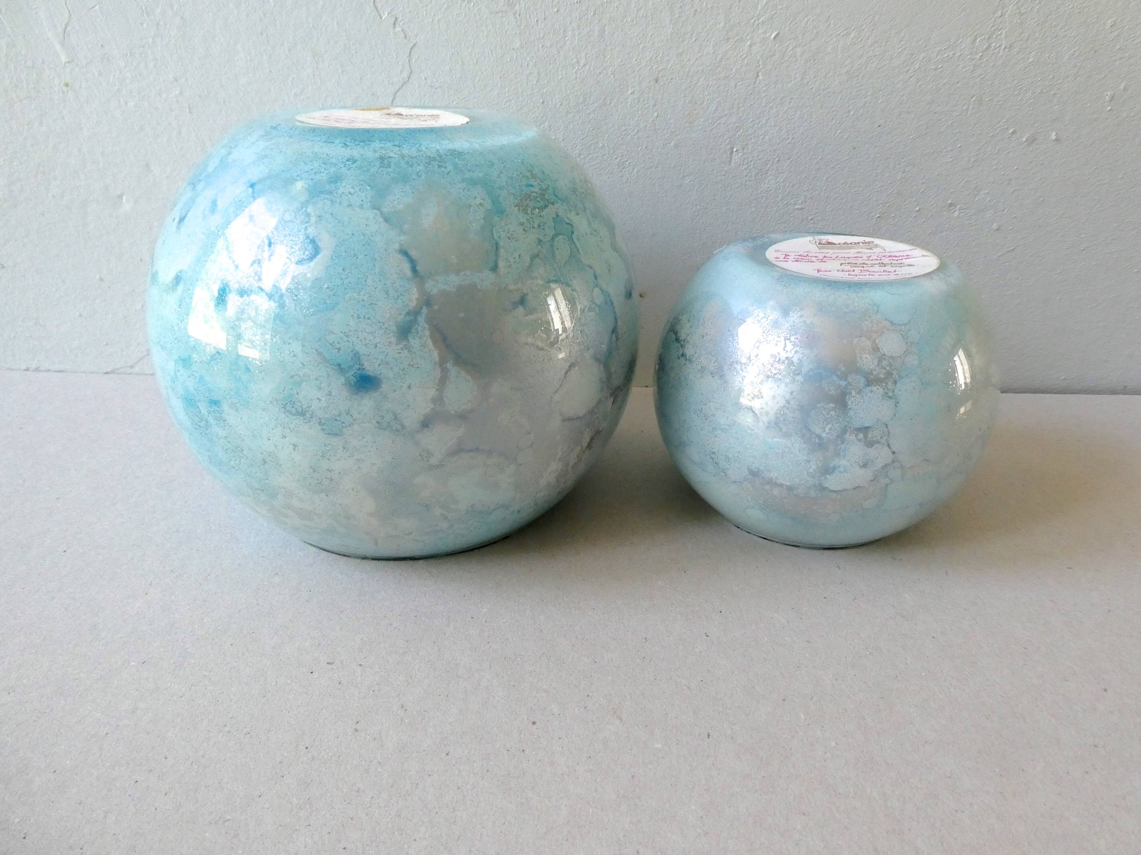 Pair of lacquered glass ball vases by Jean Noel Bouillet, 60/70