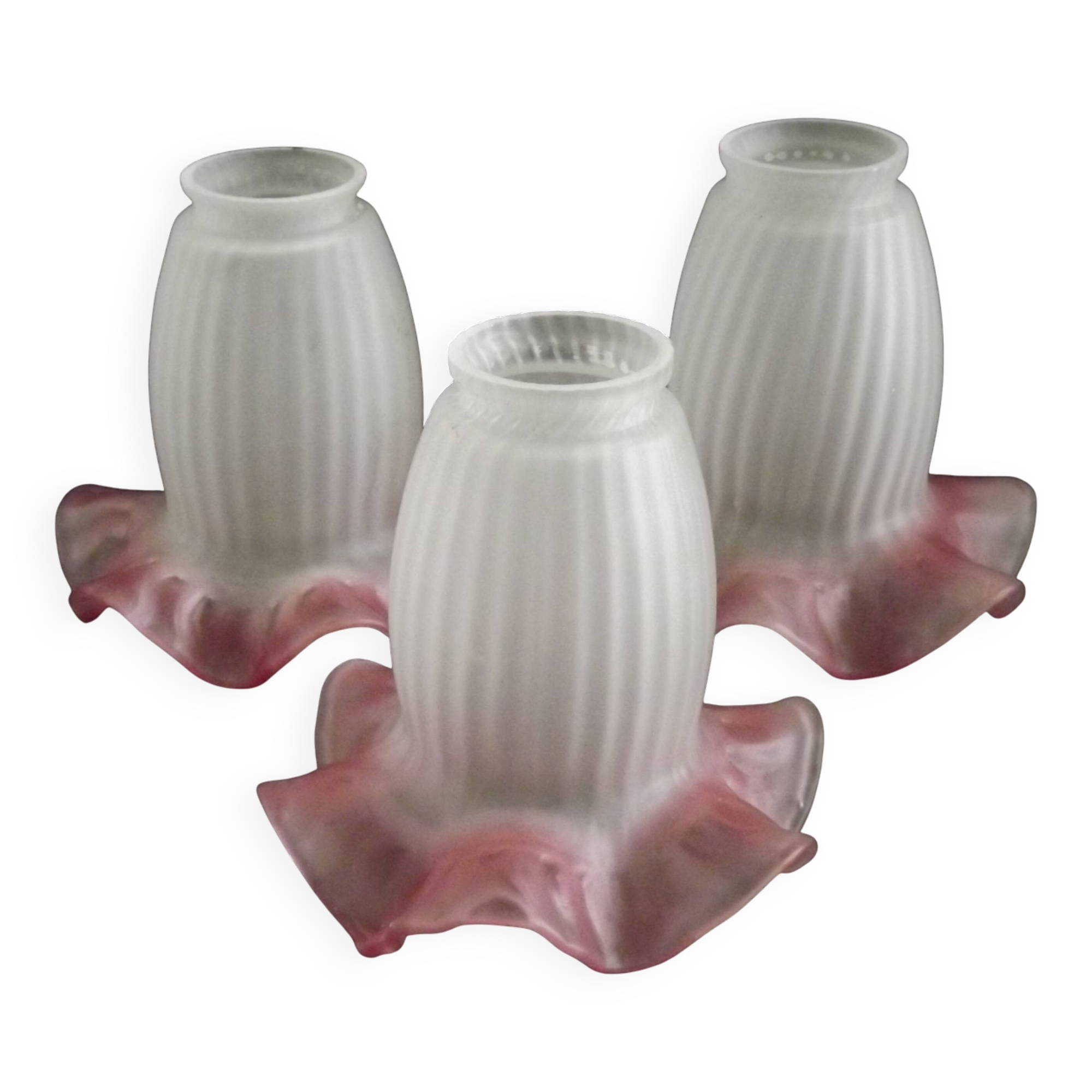 Set of 3 White Opaque Glass Shades With Ribbed Detail Pink Frilled Edge