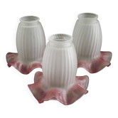 Set of 3 White Opaque Glass Shades With Ribbed Detail Pink Frilled Edge