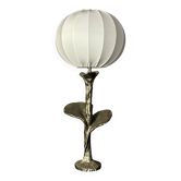 Lampe fleur en laiton massif argenté sur mesure avec abat-jour en tissu cocon, années 1970.