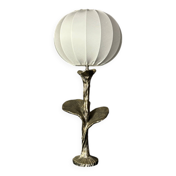 Lampe fleur en laiton massif argenté sur mesure avec abat-jour en tissu cocon, années 1970.