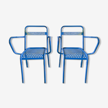 Pair of perforated metal garden chairs