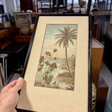 Vintage Print of Lotus Flower and Palm Tree Black Frame