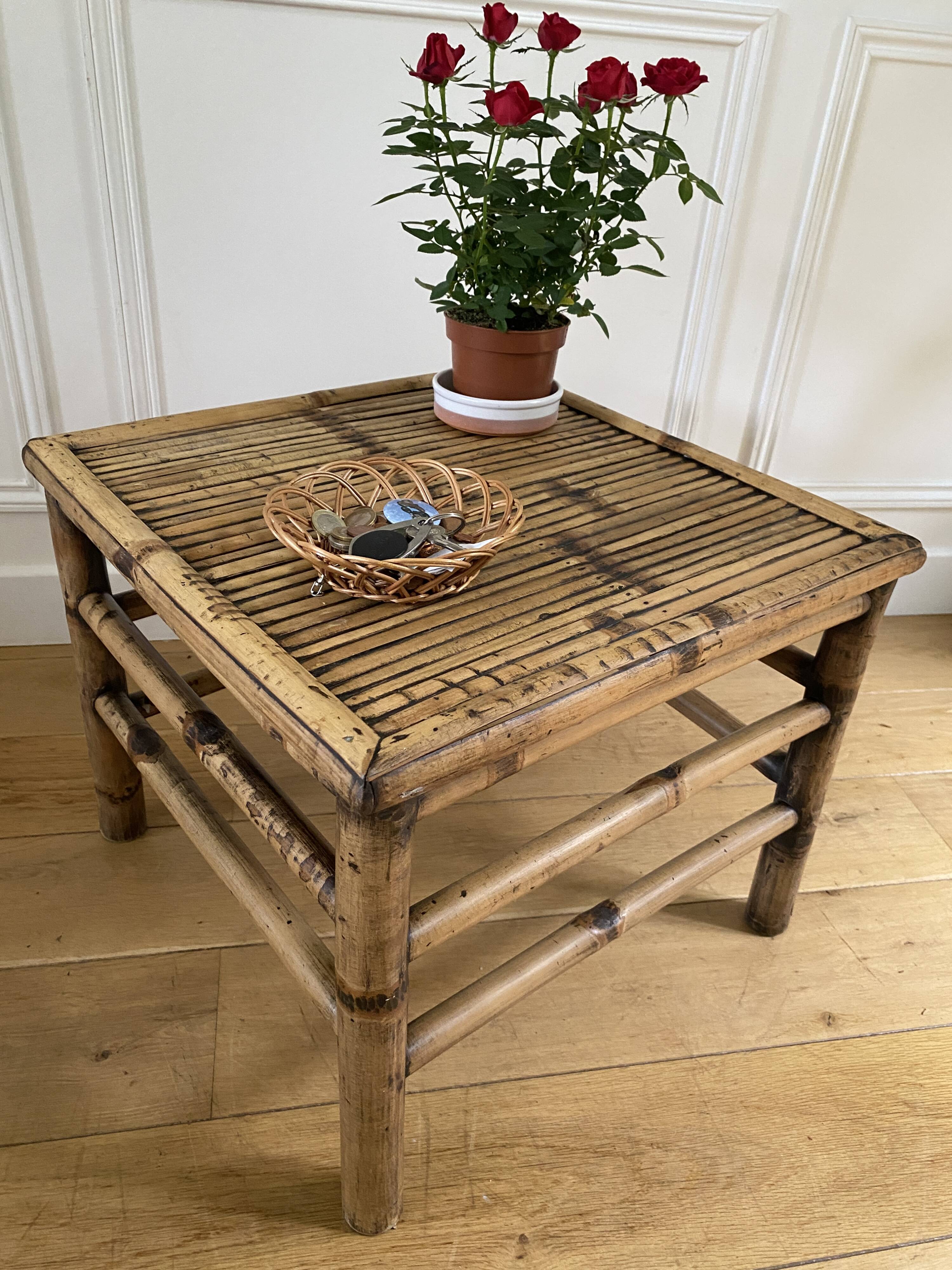 Vintage square bamboo coffee table, H. 38cm W. 47cm D. 47cm