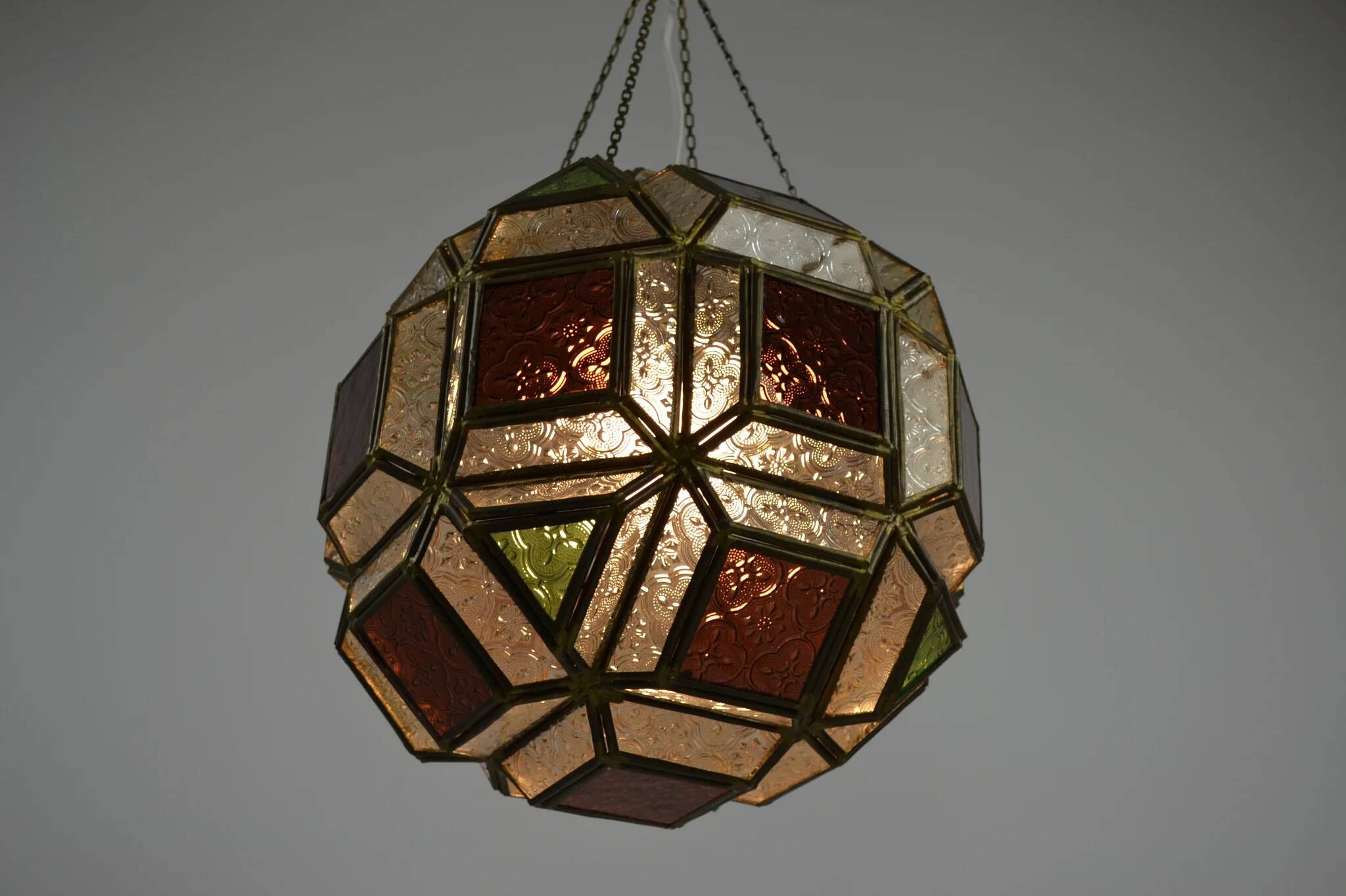 Multicolored Pressed Glass and Brass Pendant Lantern, Scandinavia, circa 1940s–1950s