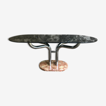 Table en verre fumée pied en marbre