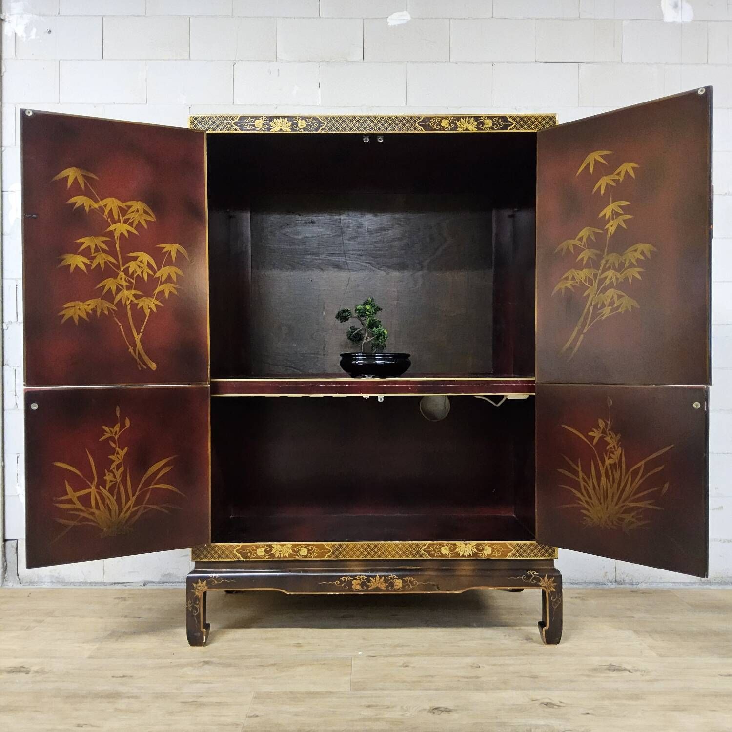 Vintage Chinese cabinet with birds & flowers, red & gold (bohemian)