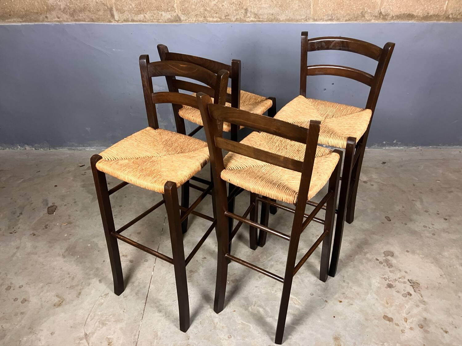 Tabouret de bar 4x vintage jonc brocante