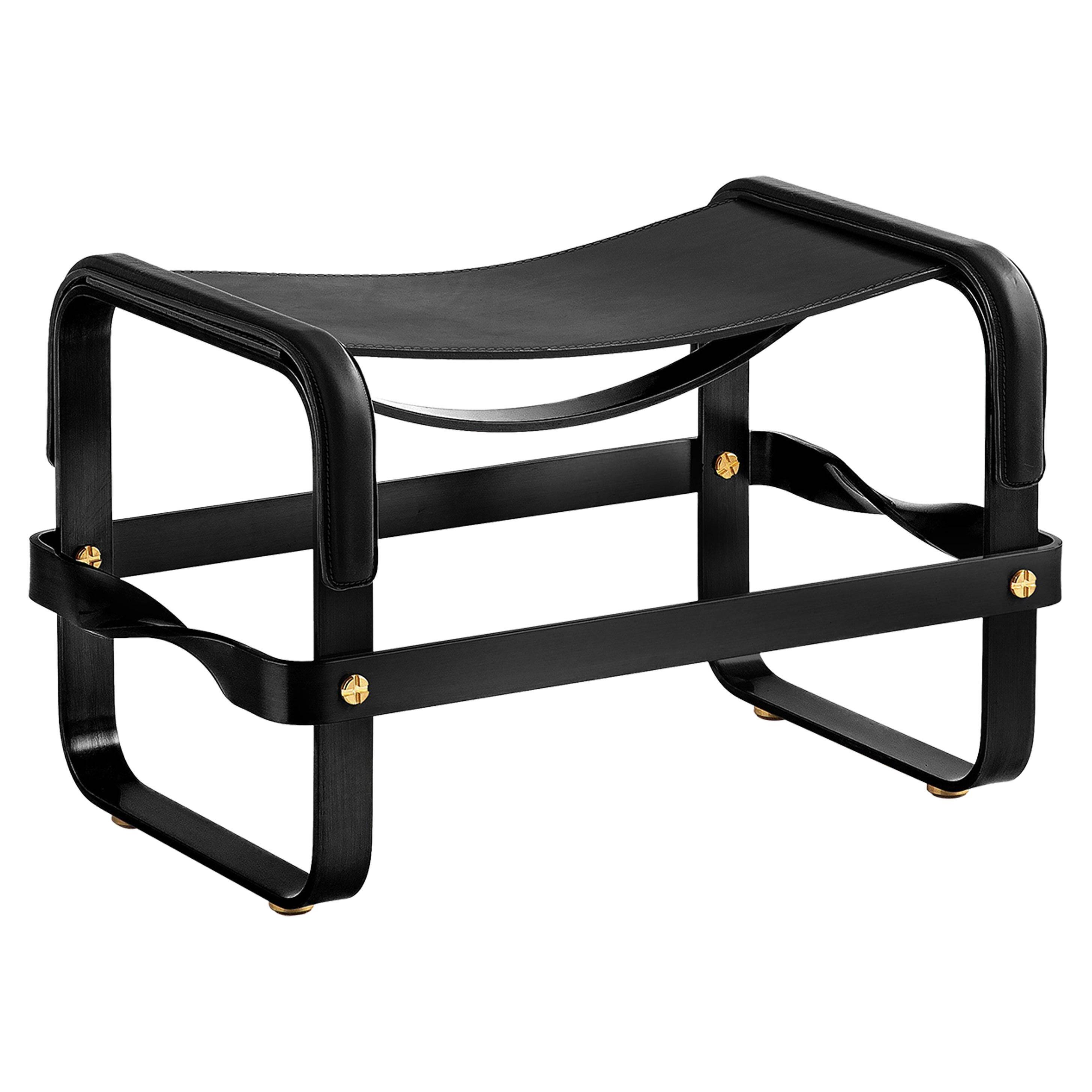 Black smoked steel and black leather footrest, contemporary style.